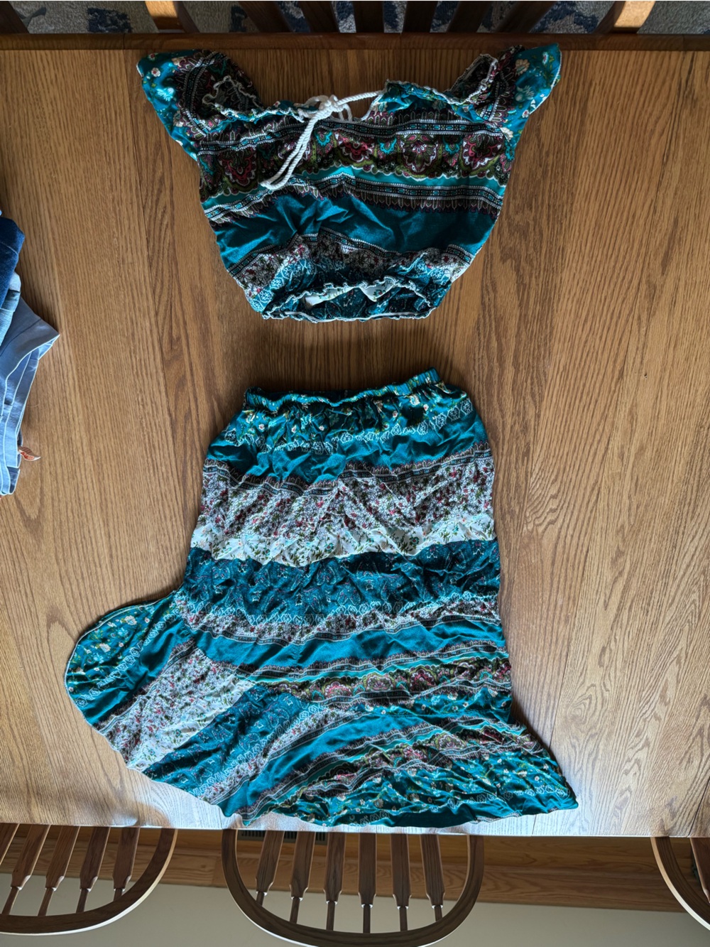 Teal Patterned Smocked Maxi Skirt - Unbranded